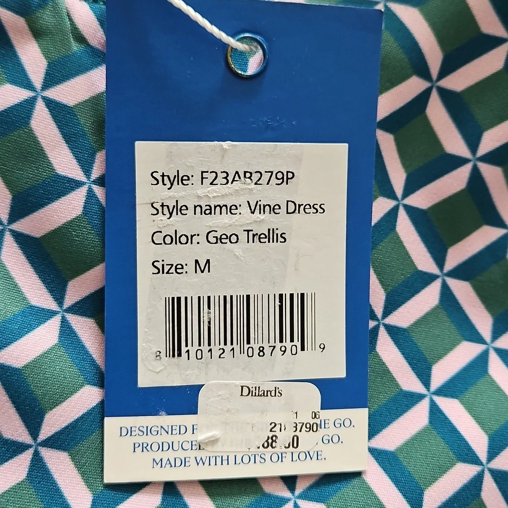 Addison Bay Long Sleeve Vine Dress: Geo Trelis- Green/Pink/Teal - Picture 9 of 15